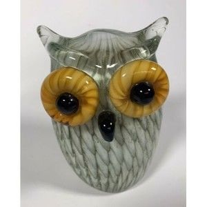 Art Glass Owl Green Yellow Eyes Paperweight